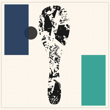 "A grungy shoeprint, also called a footmark or boot print, stamped in rough black ink showing tread sole texture. Flat vector stencil style pairs with navy and teal rectangles beside a dark circle for