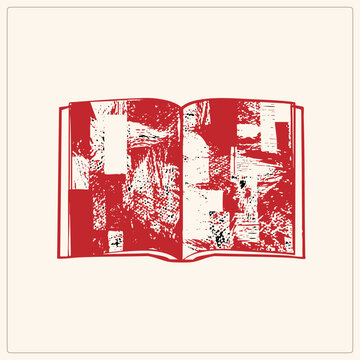 "Weathered open tome in bold red linocut, spread filled with rough ink texture. This grungy codex evokes vintage letterpress printing and literary craft."