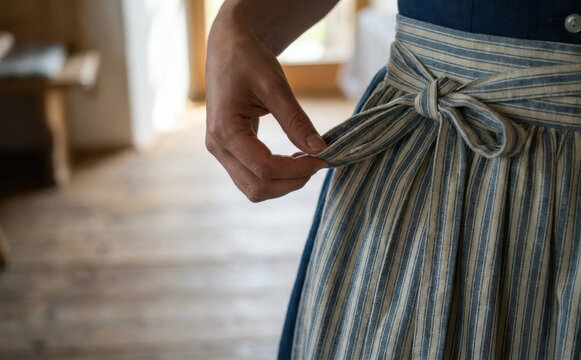 Woman adjusting traditional blue and white striped dirndl apron bow at waist indoors