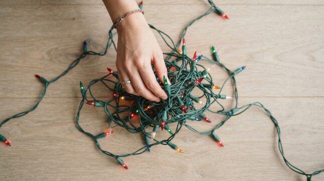 Woman hands untangling a messy knot of colorful Christmas string lights on a wooden floor