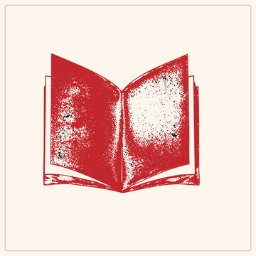 Distressed open tome in faded red grunge style, old storybook with speckled weathered pages. Retro reader evoking libraries, learning and nostalgia in stamped print aesthetic.