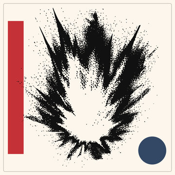 Distressed blast burst with stippled spray texture, comic style kaboom shape outward. The gritty dynamite detonation effect pairs with bold geometric accents for edgy poster layouts.