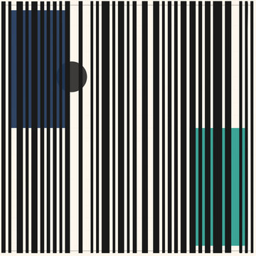 Op art barcode stripes in black on cream, layered with navy/teal rectangles and a dark circle. This zebra gives a bold mid century constructivist vibe.