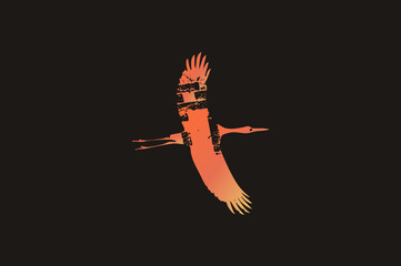 Fototapeta premium Distressed vector cutout of a crane, also called a stork or wader, soaring with outstretched wings. Grunge stencil style with rough feather texture and glowing sunset orange gradient on the lone flyin