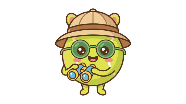 Tennis ball character wearing a pith helmet and glasses holding binoculars for scouting activity