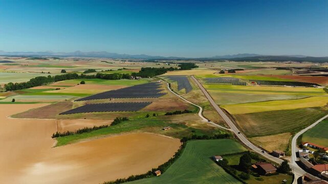 Drone panorama of solar parks and patchwork fields in Avila