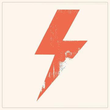 Distressed thunderbolt flash symbol with speckled texture, classic zap bolt in retro tones. Worn stencil edges give this lightning sign vintage energy, isolated as a clean cutout for bold graphi