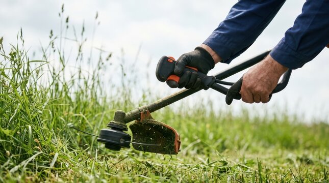 Man cutting grass with a string trimmer in a field, landscaping work outdoors in summer season