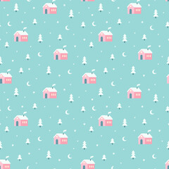 Fototapeta premium Vintage winter seamless pattern with cute houses stars trees and snowflakes. Cute Christmas design, Scandinavian style background. Vector illustration