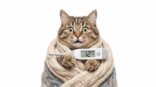 Chilly domestic funny cat wrapped in warm knitted scarf holding digital thermometer showing cold weather