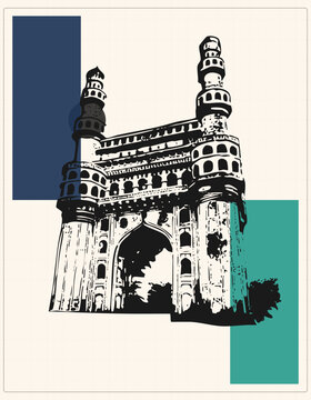 Hyderabads Charminar gateway in gritty screenprint, this historic Indian arch and minaret tower stands over flat navy and teal geometric blocks for a retro poster feel.