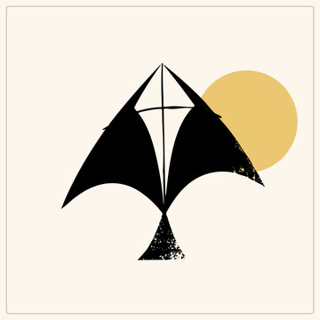Stylized patang with sweeping curved wings flies against a circle in distressed black silhouette, pairing vintage stencil texture with bold mid century composition.