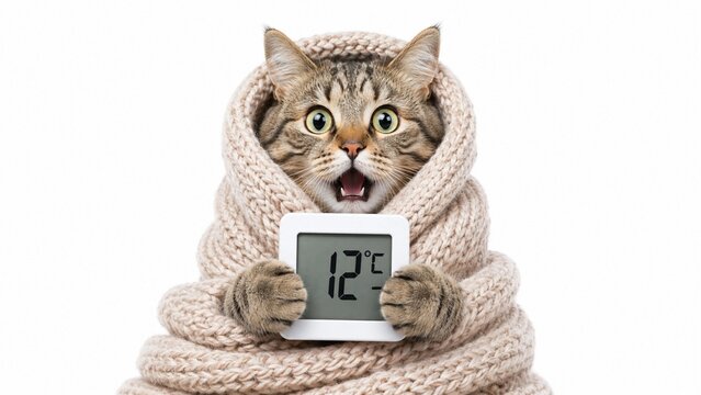 Chilly domestic funny cat wrapped in warm knitted scarf holding digital thermometer showing cold weather
