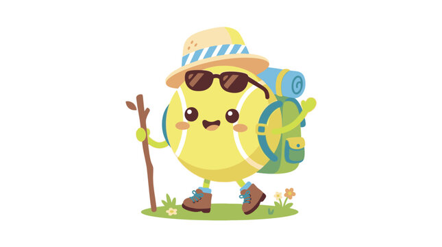 Illustration of a tennis ball character hiking with a backpack and walking stick in nature