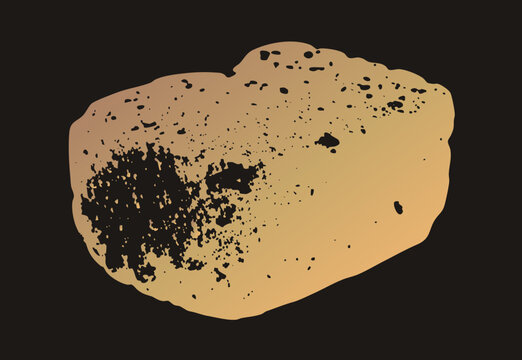 Grunge cutout of a rough, cratered asteroid a wandering cosmic boulder with heavy black speckling and pitted texture over a warm gradient silhouette.