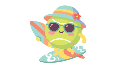 Fototapeta premium Tennis ball character surfing on surfboard wearing sunglasses and hat for summer vacation