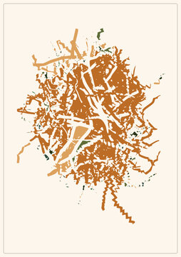 Flat vector tumbleweed clump with gnarled sagebrush roots and twiggy brambles, isolated cutout in burnt, ochre and olive green. Rustic tumble bramble texture for earthy organic designs.