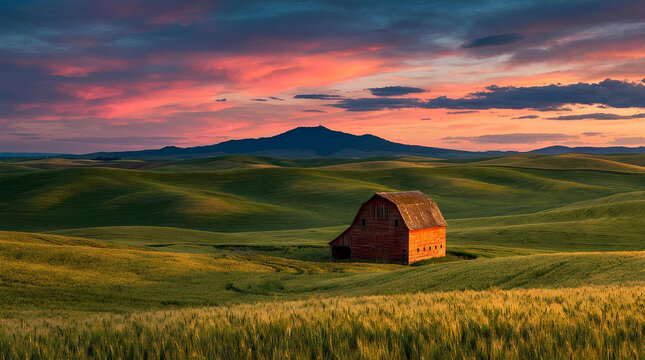 Rustic barn in rolling green hills at sunset with vibrant pink clouds
