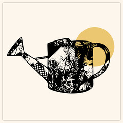 Distressed watering can in gritty stencil collage style, checkerboard spout and abstract textures, backed by warm © lina