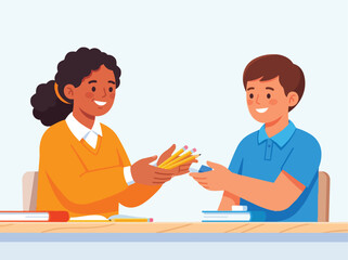 Obraz premium Happy students sharing school pencils together