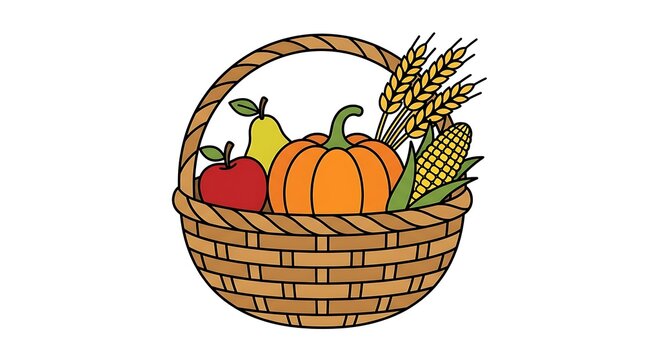 Wicker basket filled with autumn harvest pumpkin apple pear corn and wheat ears.