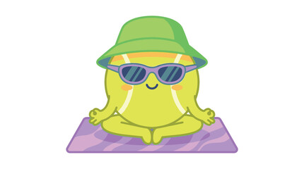 Cartoon tennis ball character practicing yoga meditation on a mat for fitness and relaxation © SuryaAji