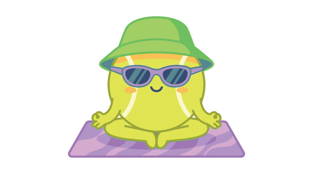 Cartoon tennis ball character practicing yoga meditation on a mat for fitness and relaxation