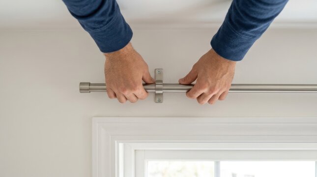 A male adult installing a metal curtain rod over a window at home for interior decor renovation and home improvement