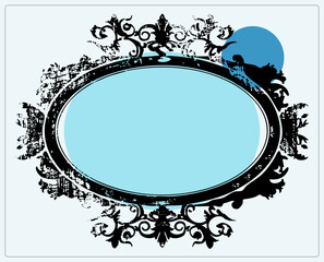 Vintage ornamental oval cartouche with distressed rococo scrollwork, filigree flourishes and fleur de lis light blue label center with bright blue circle peeking behind. Antique mirror border © lina