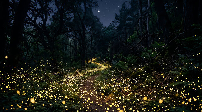 Fireflies glowing in a dark forest at night