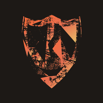 Weathered S shaped blazon burns in fiery gradients. The grungy escutcheon pairs rough stencil texture with bold geometric facets for a rugged protective badge.