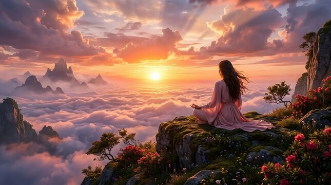 Wanita Tenang Bermeditasi di Puncak Gunung Saat Matahari Terbit, Awan Merah Muda dan Sinar Matahari Keemasan