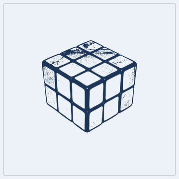 Distressed vector of the classic magic cube ( style puzzle) in grunge stencil style. Speckled navy ink gives this retro brain teaser a worn, hand printed look on transparent background.