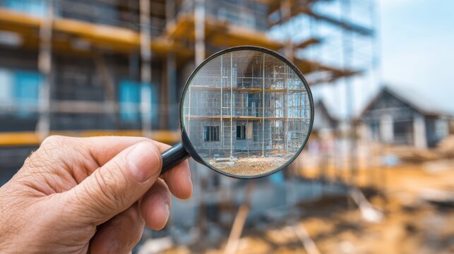 engineer use magnifying glass inspecting construction new house.inspecting construction and quality assurance new house. Engineers or architects or contactor work to build the house.