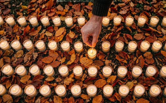 Person lighting a candle among autumn leaves for a memorial or vigil