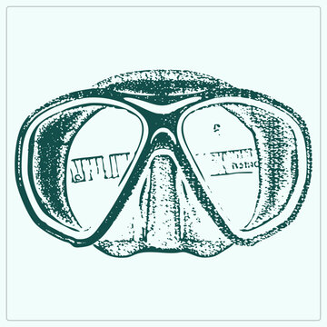 Grungy stencil illustration of a scuba mask (dive goggles) in rough stippled texture. The lens snorkeling mask has heavy distress marks for a rugged underwater aesthetic.