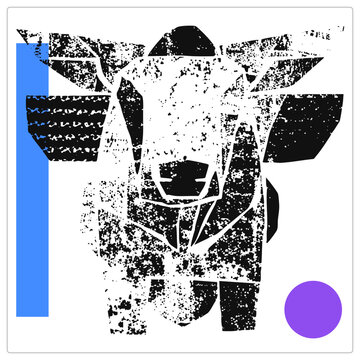 Gritty distressed cow portrait in rough stencil style, its bossy face built from speckled halftone shapes. Bold grunge texture with a purple circle and blue bar for a raw urban print look.