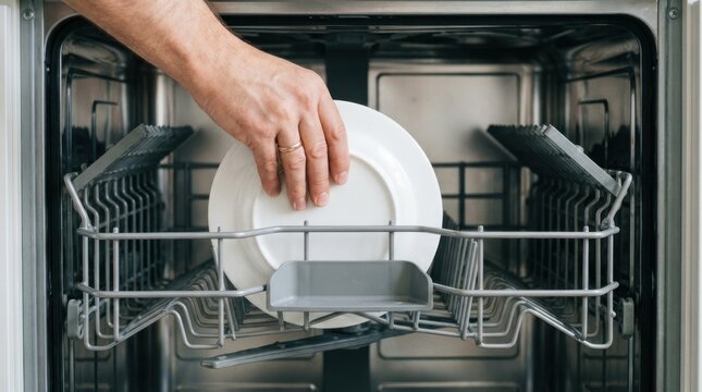 Person loading a white plate into the dishwasher rack, conceptual image for household chores and kitchen appliance use