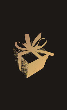 Gold pressie in gritty stencil texture, loopy ribbon bow tilted lid, glowing with metallic speckles against darkness.