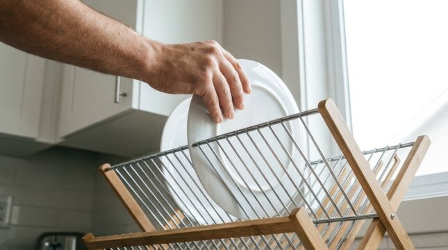 Man placing white plate into wooden dish drying rack in a bright modern kitchen, symbolizing household chores and daily routine