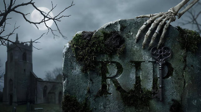 Skeleton Hand Reaching for Key on RIP Gravestone Spooky Cemetery at Night