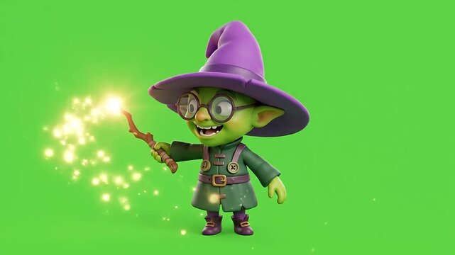 Cute goblin wizard casting magic on green screen for halloween