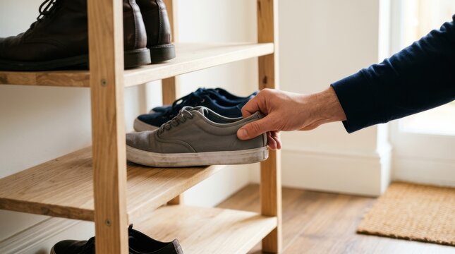 Man picking up a gray sneaker from a wooden shoe rack in an entryway