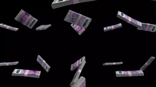 Gibraltar Money, Gibraltar Pound Banknotes Falling On Black Background, GIP Currency Stacks Dark Cinematic, 4K