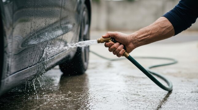 Person washing a dark car with a garden hose spraying water on the vehicle exterior