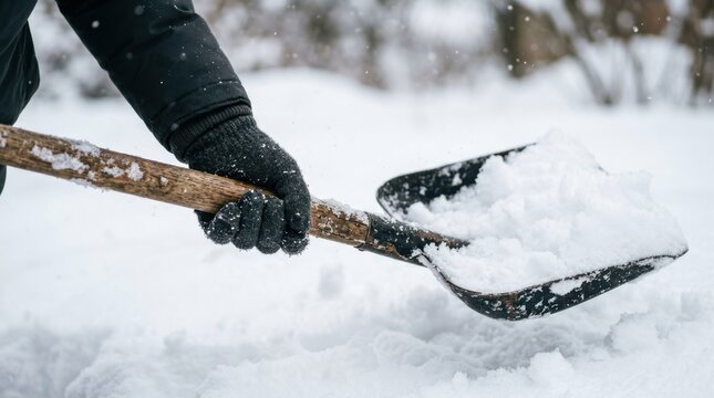 Person shoveling snow in winter with a shovel to clear a pathway, close-up shot representing winter maintenance