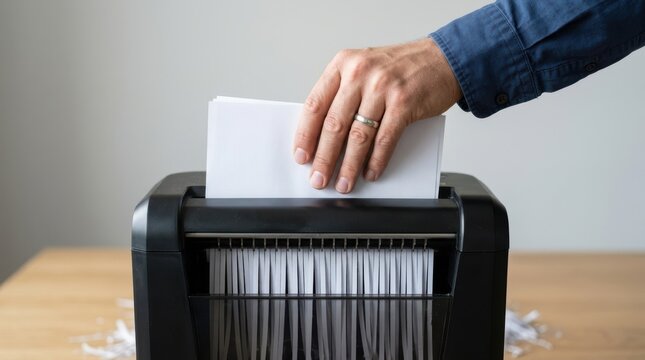 Person shredding confidential documents with a modern paper shredder machine in an office environment for data security
