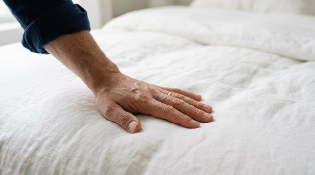 Middle aged adult man touching white linen bed sheets testing fabric texture in modern bedroom