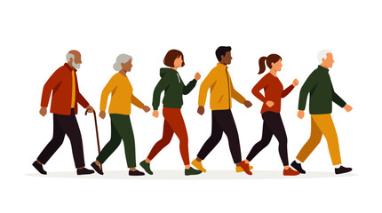 Fototapeta premium Diverse active people in casual autumn clothing walking together in a row, concept of community unity and generational diversity for social inclusion and healthcare campaigns