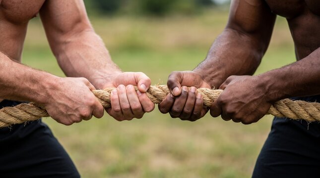 Close-up of two men holding and pulling heavy jute rope competing in tug-of-war game.